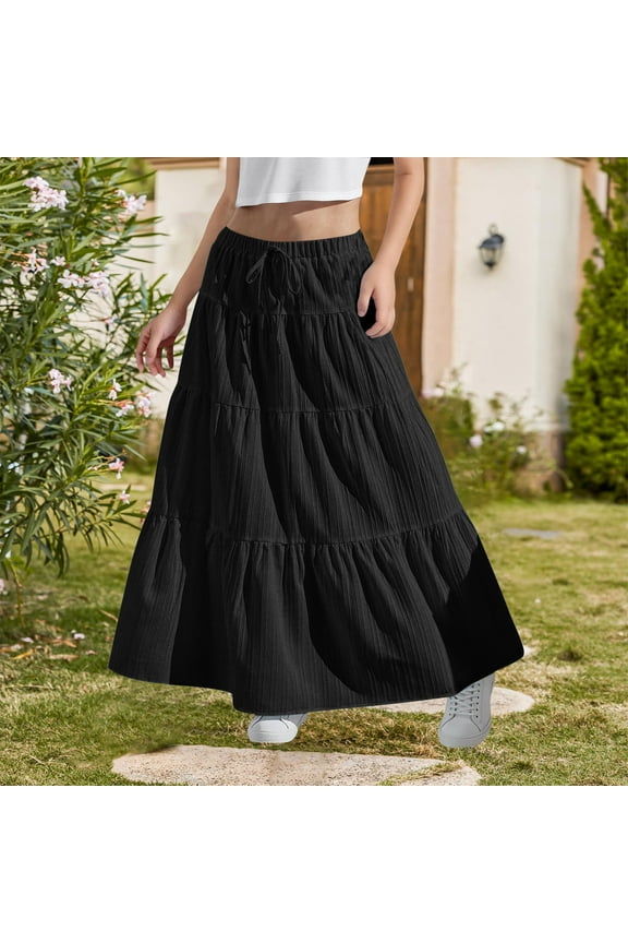 Teen Girls Boho Tiered Skirt A-Line High Elastic Waist Drawstring Maxi Skirt Textured Crinkle Rayon Flowy Ruffle Layers Gypsy Holiday Daily Wear, Age 4-15 Years