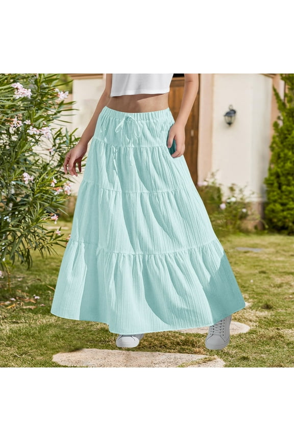 Teen Girls Boho Tiered Skirt A-Line High Elastic Waist Drawstring Maxi Skirt Textured Crinkle Rayon Flowy Ruffle Layers Gypsy Holiday Daily Wear, Age 4-15 Years