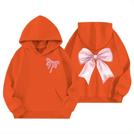 Teen Girls Bow Print Hooded Sweatshirt Cute Pullover Top Soft Casual Jacket With Pocket