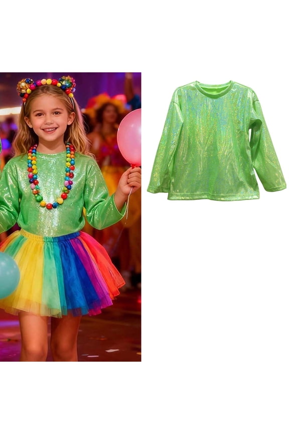 Girls Boys Long Sleeve Sequins Dance Tops Metallic Sparkle Y2K Top for Modern Jazz Hop Performance Party 17-18 Years