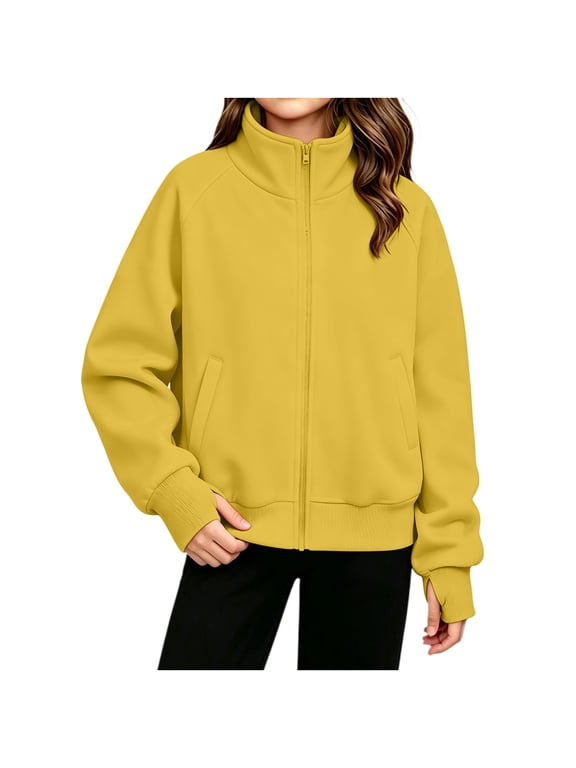 Teen Girls Boys Mock Turtleneck Zipper Closure Jacket with Side Pockets Ribbed Hem Cuffs Long Sleeve Loose Fit Casual Spring Autumn Outwear Solid Color