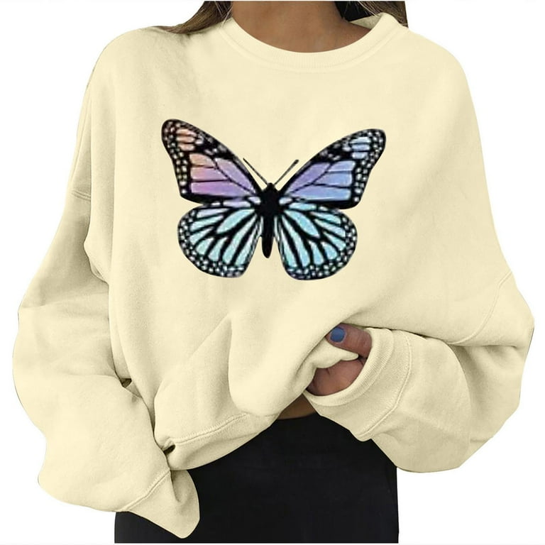 Teen Girls Butterfly Print Sweatshirt for Women Oversized Pullover Tops Comfy Long Sleeve Crewneck Shirt Coat Outwear