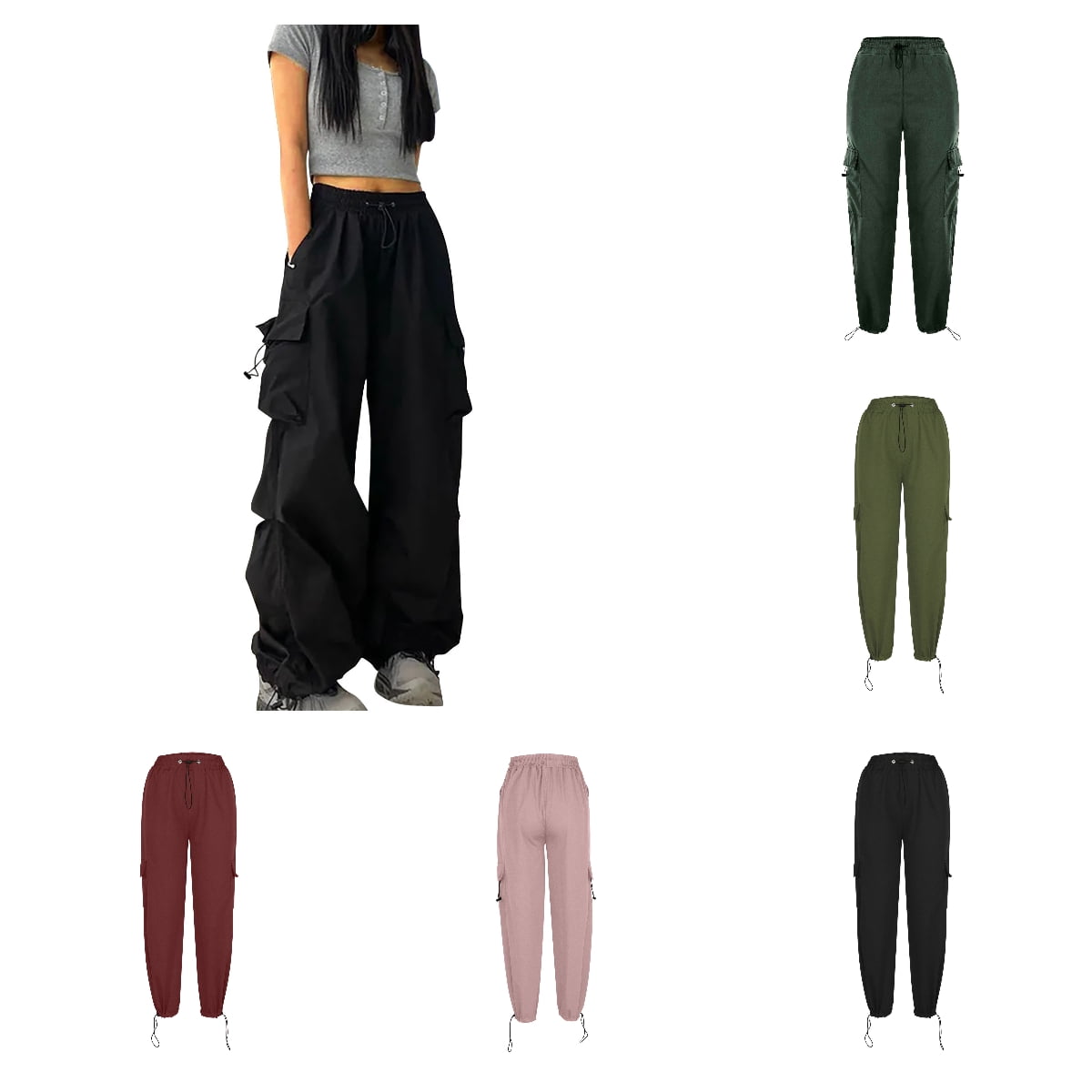 DeHolifer Teen Girls Cargo Pants, Black Y2K Baggy Streetwear