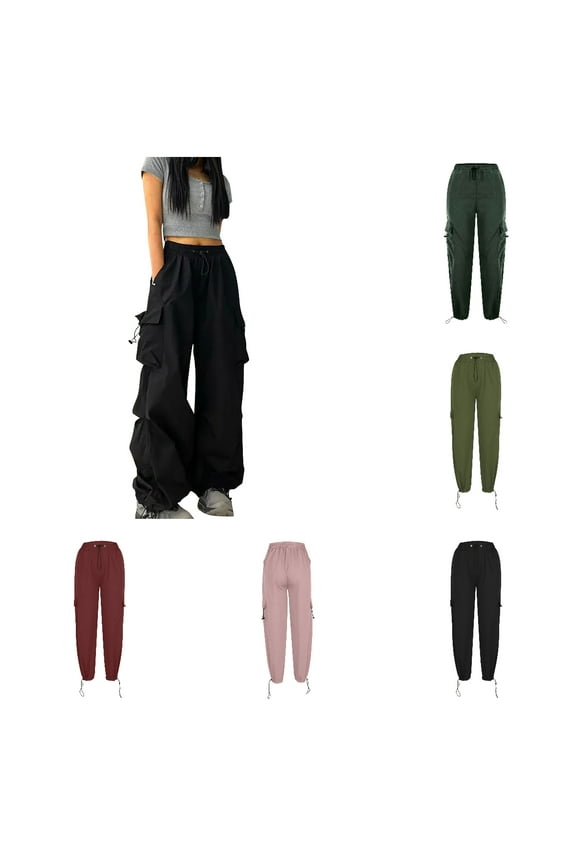Teen Girls Cargo Pants With Pockets Parachute Pants For Women Y2K Baggy Drawstring Streetwear Trendy Pants Black Large