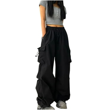 Teen Girls Cargo Pants With Pockets Parachute Pants For Women Y2K Baggy Drawstring Streetwear Trendy Pants Black Large