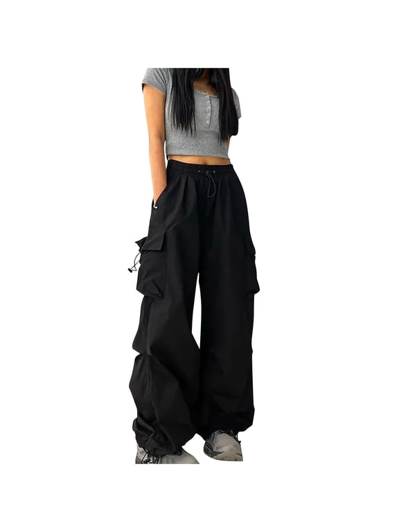 Teen Girls Cargo Pants With Pockets Parachute Pants For Women Y2K Baggy Drawstring Streetwear Trendy Pants Black Small