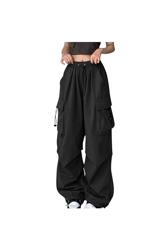 Teen Girls Cargo Pants With Pockets Parachute Pants For Women Y2K Baggy Drawstring Streetwear Trendy Pants
