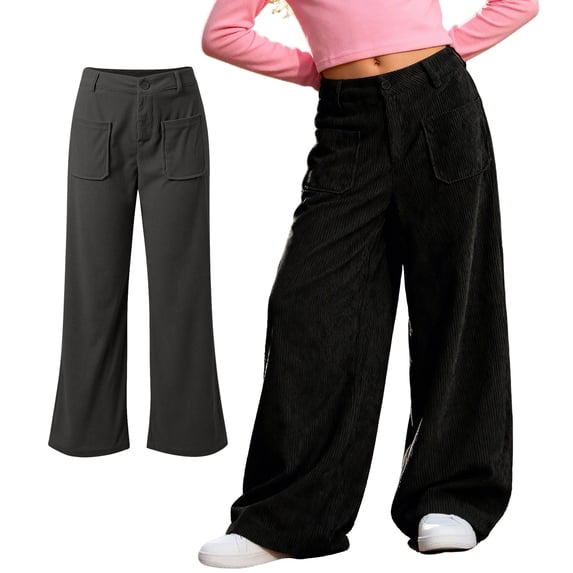 Girls Casual Pants Corduroy High Waist Black Pants Kids Wide Leg Girls Loose Pants Girls 11-12 Years Pants