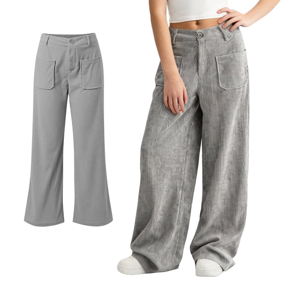 Girls Casual Pants Corduroy High Waist Grey Pants Wide Leg Baggy Pants Girl Pants Size 11-12 Years