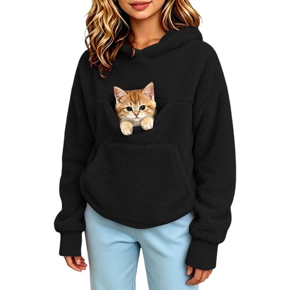Girls Cat Pouch Hoodie Zipper Pet Care Dog Kangaroo Pocket Hooded Sweatshirts Fuzzy Animal Carrier Holder Pullover Tops for Kids Black 15-16 Years