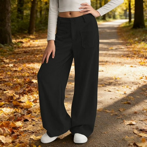 Girls Corduroy Wide Leg Pants Kids Baggy Straight Adjustable High Waist Trousers Children Casual Uniform Pant Black 7 Years-8 Years