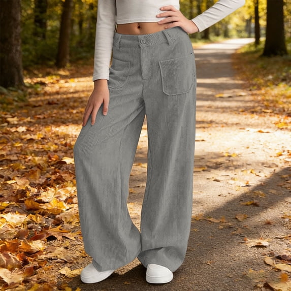 Girls Corduroy Wide Leg Pants Kids Baggy Straight Adjustable High Waist Trousers Children Casual Uniform Pant Grey 9 Years-10 Years