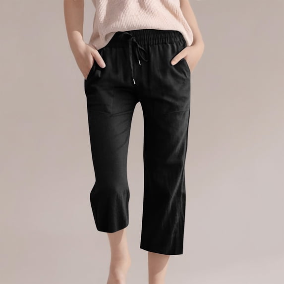 Teen Girls Cotton Linen Capri Pants Kids Summer Preppy Cropped Lounge Pant Baggy Lightweight Elastic Waist Trousers