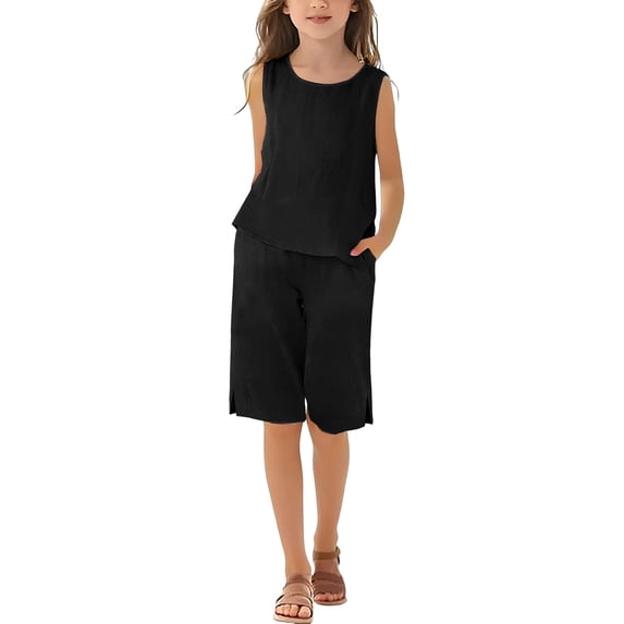Teen Girls Cotton Linen Outfits 2pc Tank Top Shorts Set Sleeveless Shirt Long Wide-Leg Pants Clothing with Pocket Back To School Outfits for Teens Girls