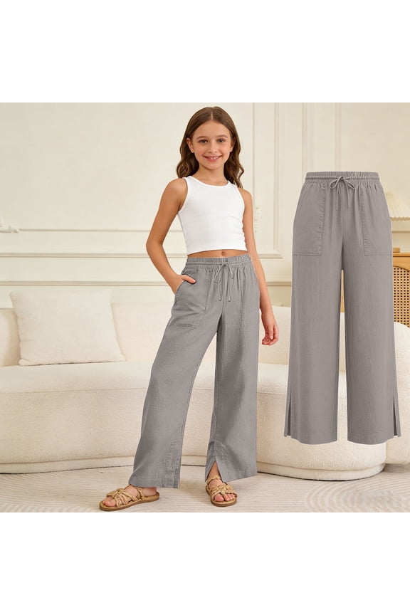 Girls Cotton Linen Pants Child Basic Plain Gray Big Kids Elastic Waist Long Pants Size 11-12 Years Clothing
