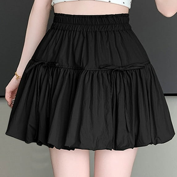 Teen Girls Cute Bows Skirt Built in Short High Elastic Waist A-Line Puff Skirt Beach Vacation Ruffle Mini Skort Black L