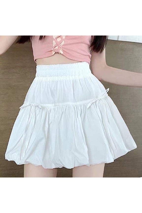 Teen Girls Cute Bows Skirt Built in Short High Elastic Waist A-Line Puff Skirt Beach Vacation Ruffle Mini Skort White L