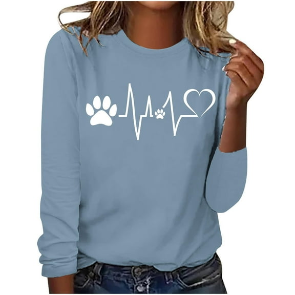 Teen Girls Cute Crewneck Blouses Casual Printed Long Sleeve T-shirt Fall Winter Baggy Lounge Pullover Women's Fashion Shirts