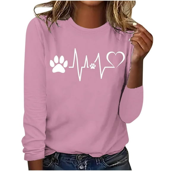 Teen Girls Cute Crewneck Blouses Casual Printed Long Sleeve T-shirt Fall Winter Baggy Lounge Pullover Women's Fashion Shirts