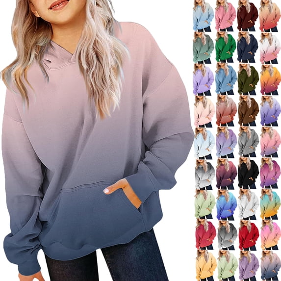 Teen Girls Cute Gradient Sweatshirts Pullover Kids Hoodies Oversized Long Sleeve Fall Winter Tops With Pockets Unisex Kids Sweatshirt Boys Girls Hooded Kangaroo Pocket Pullover Hoodies