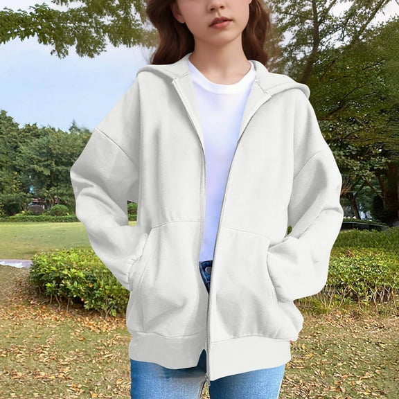 Teen Girls Cute Hoodies Cats Ear Hood Full Zip Sweatshirts Kids Long Sleeve Oversized Lightweight Jackets Tween Plain Drop Shoulder Hoodie with Pockets Preppy Fall Winter Outfits, Size 5-15