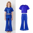 thumbnail image 1 of Teen Girls Dance Sequin Blue Dance Short Sleeve Top and Flared Pants Two Piece Outfit Set Girls Disco Outfit Performance Dancewear 14-16 Years, 1 of 8