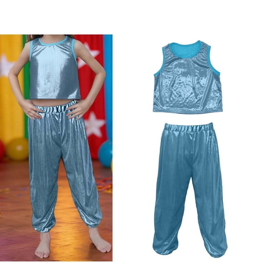 Teen Girls Dance Sequin Blue Dance Sleeveless Tank Top and Pants Set Jazz Dance Performance Outerwear 12-13 Years