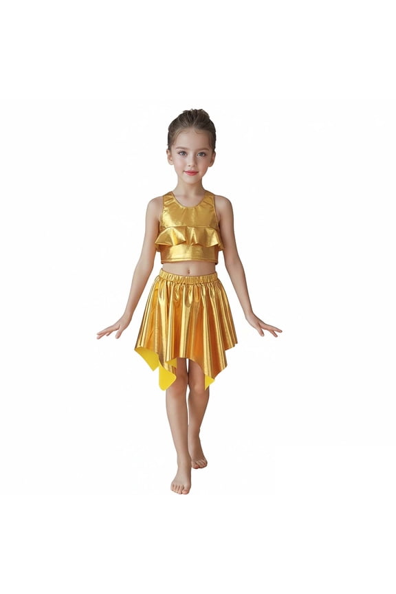 Teen Girls Dance Sequin Gold Dance Sleeveless Ruffles Top and Sparkly Skirt Set 90 S Outfits for Kids Dance Performance Outerwear 10-12 Years