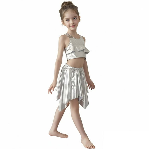Teen Girls Dance Sequin Silver Dance Sleeveless Ruffles Top and Sparkly Skirt Set 90s Clothing for Kids Stage Performance Outerwear 10-12 Years