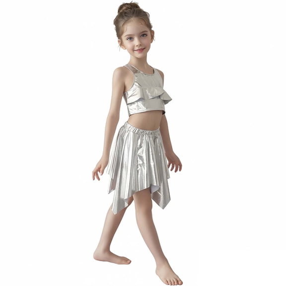 Teen Girls Dance Sequin Silver Dance Sleeveless Ruffles Top and Sparkly Skirt Set 90s Clothing for Kids Stage Performance Outerwear 10-12 Years