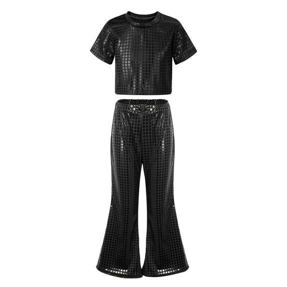 Girls Dance Sparkly Black Dance Short Sleeve Top and Flared Pants Two Piece Outfit Set Girls Hop Dance Outfit Street Dance Outerwear 14-16 Years