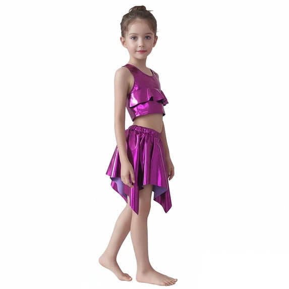 Girls Dance Sparkly Purple Dance Sleeveless Ruffles Top and Sparkly Skirt Set Dance Outfit Street Dance Outerwear 10-12 Years