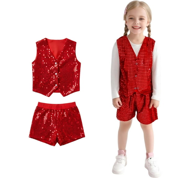 Girls Dance Sparkly Red Dance Sleeveless Button Vest and Pants Set Dance Jazz Dance Performance Outerwear 10-12 Years