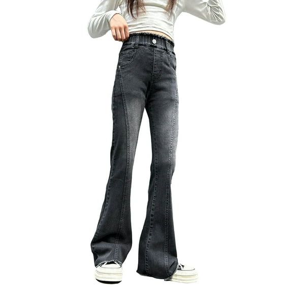 Teen Girls Denim Jeans Adjustable Stretch Waist Black Relaxed Fit Jeans Durable Twill Denim Hardwearing Play Clothes Girls Pants Size 12-14 Years