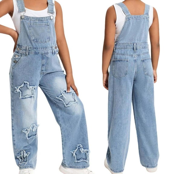 Teen Girls' Denim Overall Jumpsuits Girls Overalls Kids Casual Sleeveless Girls Wide Leg Jeans Girls Overalls with Pockets Summer Clothes Kids 10-11 Years