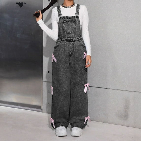 Teen Girls' Denim Overall Jumpsuits Kids Casual Sleeveless Overalls Girls Wide Leg Jeans Pants Girls 1 Piece Rompers with Pockets Girls Clothes Size 10-11Years