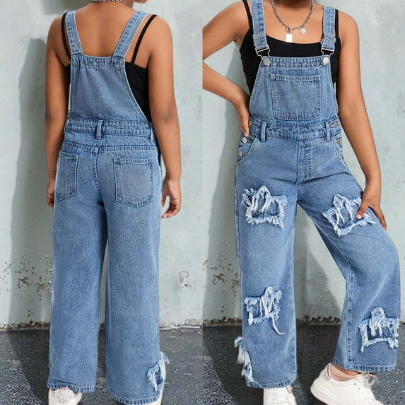 Teen Girls' Denim Overall Jumpsuits Kids Casual Sleeveless Romper Girls Wide Leg Jeans Girls Overalls with Pockets Girl Summer Clothes 10-11 Years