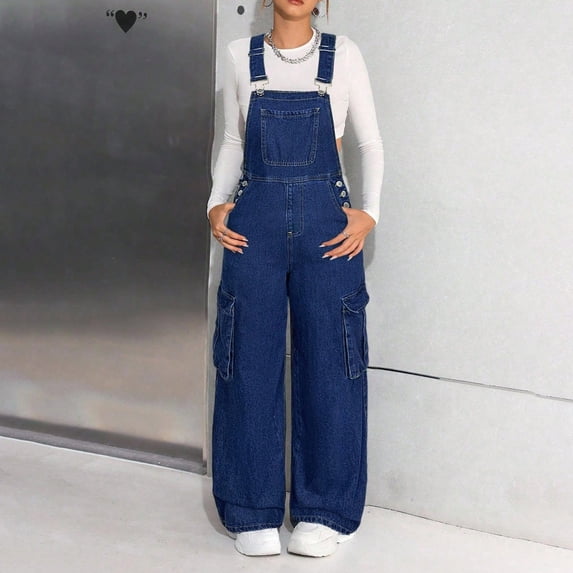 Teen Girls' Distressed Overalls, Washed Wide Leg Denim Jumpsuit with Utility Style, Casual and Edgy Overall for Young Adults,Perfect for Streetwear Fashion, School, Everyday Bold Statements Dark Blue