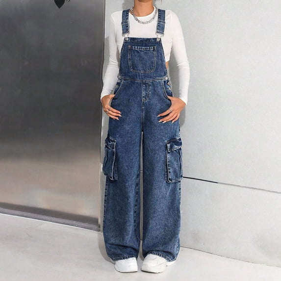 Teen Girls' Distressed Overalls, Washed Wide Leg Denim Jumpsuit with Utility Style, Casual and Edgy Overall for Young Adults, Perfect for Streetwear Fashion, School, Everyday Bold Statements - Blue