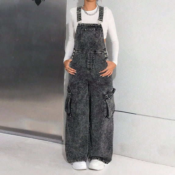 Teen Girls' Distressed Overalls, Washed Wide Leg Denim Jumpsuit with Utility Style, Casual and Edgy Overall for Young Adults, Perfect for Streetwear Fashion, School, Everyday Bold Statements - Grey