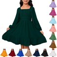 thumbnail image 1 of Teen Girls Dress Ruched Bodice Square Neck Long Sleeve Ruffle Dresses for Vacation Autumn Outing Kids Casual Fall Dress, 1 of 6