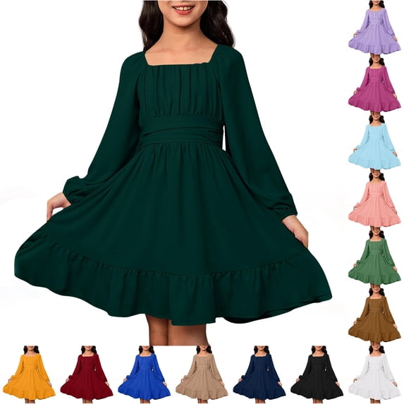 Teen Girls Dress Ruched Bodice Square Neck Long Sleeve Ruffle Dresses for Vacation Autumn Outing Kids Casual Fall Dress