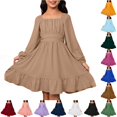 thumbnail image 1 of Teen Girls Dress Ruched Bodice Square Neck Long Sleeve Ruffle Dresses for Vacation Autumn Outing Kids Casual Fall Dress, 1 of 6