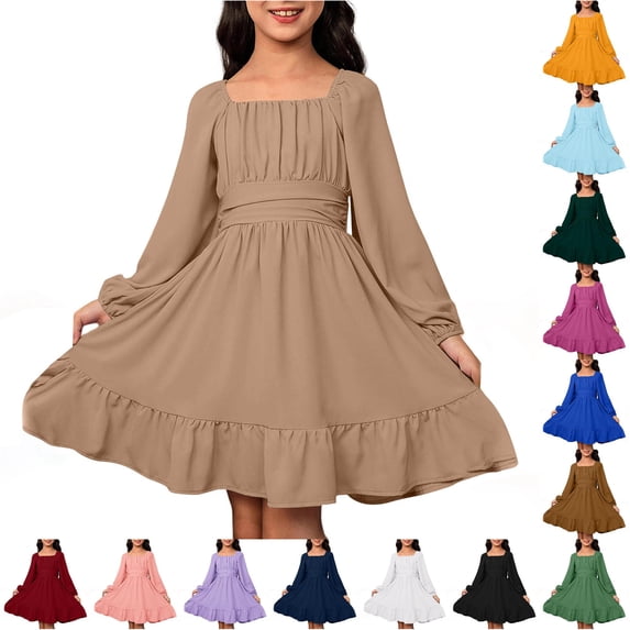 Teen Girls Dress Ruched Bodice Square Neck Long Sleeve Ruffle Dresses for Vacation Autumn Outing Kids Casual Fall Dress
