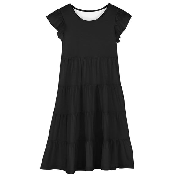 Girls Dresses Solid Color Round Neck Puff Sleeve Kids Party Outfit Girls Beach Dress Size 14-15T