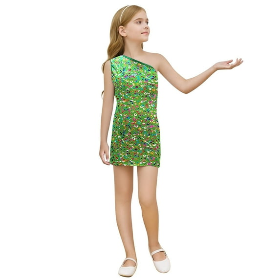 Girls Fashion Metallic Leopard Print Sequin Dress Sleeveless Spaghetti Strap Mini Party Gown Kids