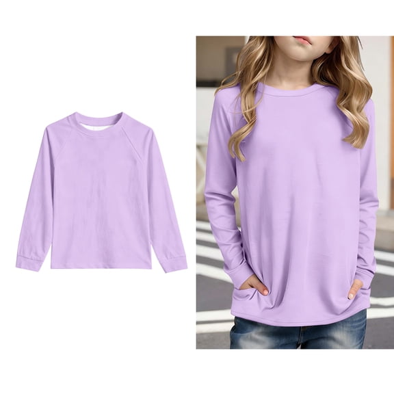 Teen Girls Fashion Tops Purple Long Sleeve T-Shirts with Pockets Girls Basic Crewneck Tops Fall Clothes Tops for Girls 13-14 Years