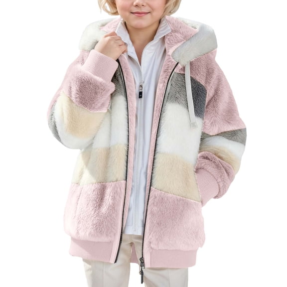 Teen Girls Fleece Jacket Color Block Long Sleeve Zip Up Outerwear Cute Hooded 13-14 Years Winter Coat Girls