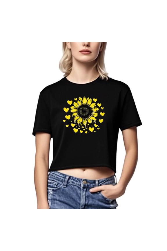 Teen Girls Floral Crop Top - Women's Short Sleeve Crew Neck Blouse | Cute Going Out Summer Graphic Flower Print Tee