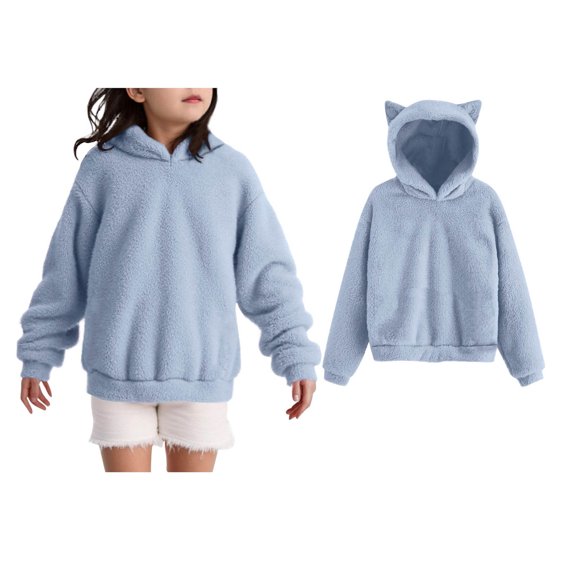 Teen Girls Fuzzy Hoodie Long Sleeve Kids Blue Hoodie Warm Loose Pullover with Pockets 11-12 Years Girls Clothes